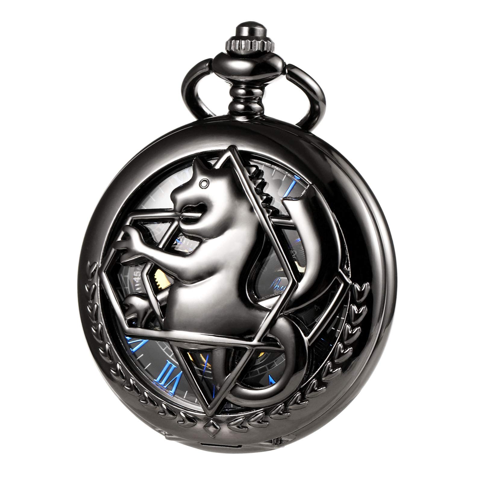 TREEWETO Montre de Poche Unisexe Mécanique à Double Couverture Complète en Métal Alchimiste Squelette Steampunk pour Hommes Femmes avec Chaîne