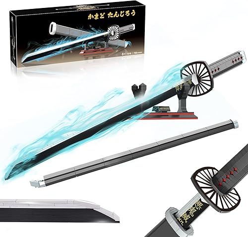 Miniatura 7 de HIGH GODO Juego de construcción de espada Demon Slayer de 27 pulgadas, bloque de construcción de espada Rengoku Kyoujurou con vaina y soporte, juego