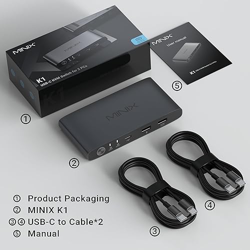 Miniatura 7 de MINIX KVM KVM USB C K1 1 Monitores 2 Computadoras, 4K @120Hz HDR, 100W PD 3.0, Conmutadores KVM de entrada dual USB-C, teclado y mouse compartidos