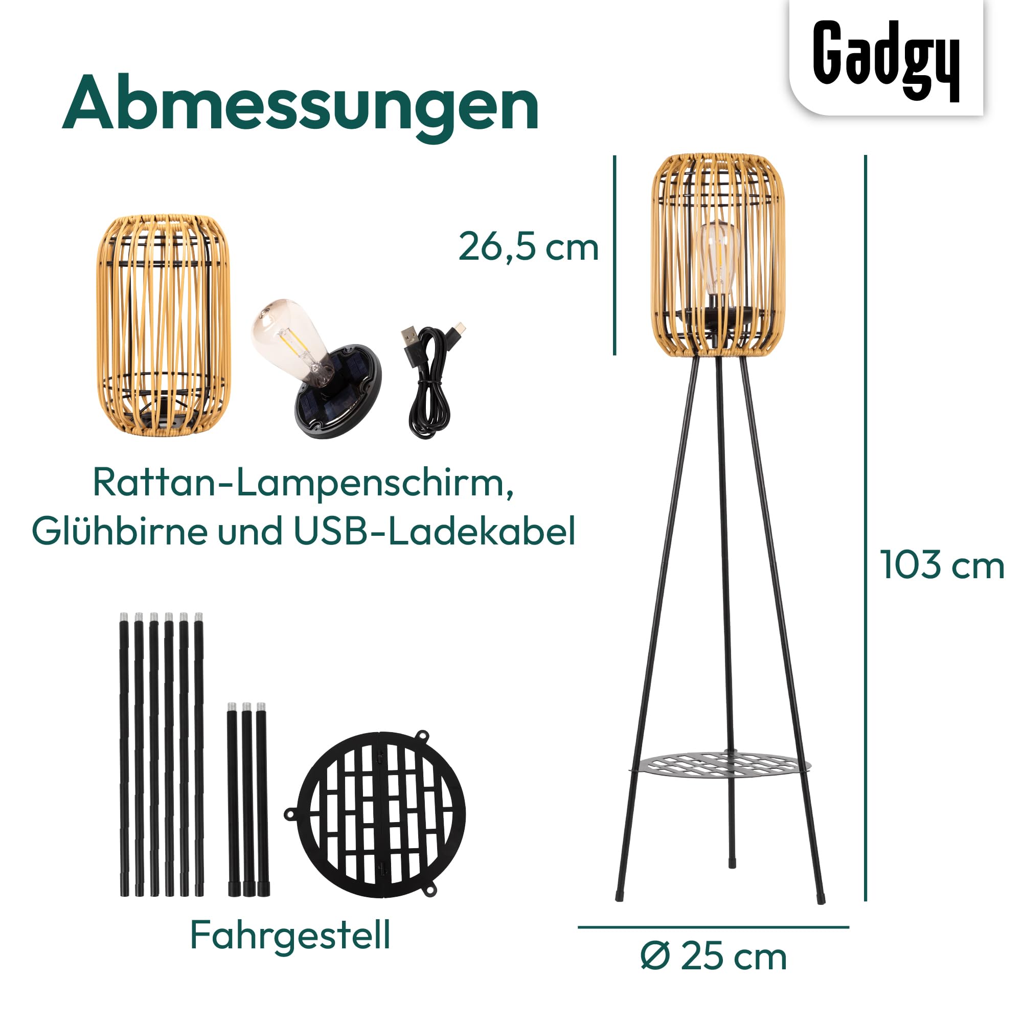 Lámpara de pie solar LED para exteriores Gadgy - Lámpara de pie para jardín resistente al agua - Lámpara de pie solar para balcón iluminación sostenible de rátan - Lámpara de pie de tres patas