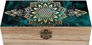 Fashionable And Comfortable Bohemian Style Golden Mandala Natural Wooden Storage Box with Hinged Lid - Vintage Decorative Wood Keepsake Box for Jewelry, Photos & Trinkets - Rustic Small Gift Box Organ