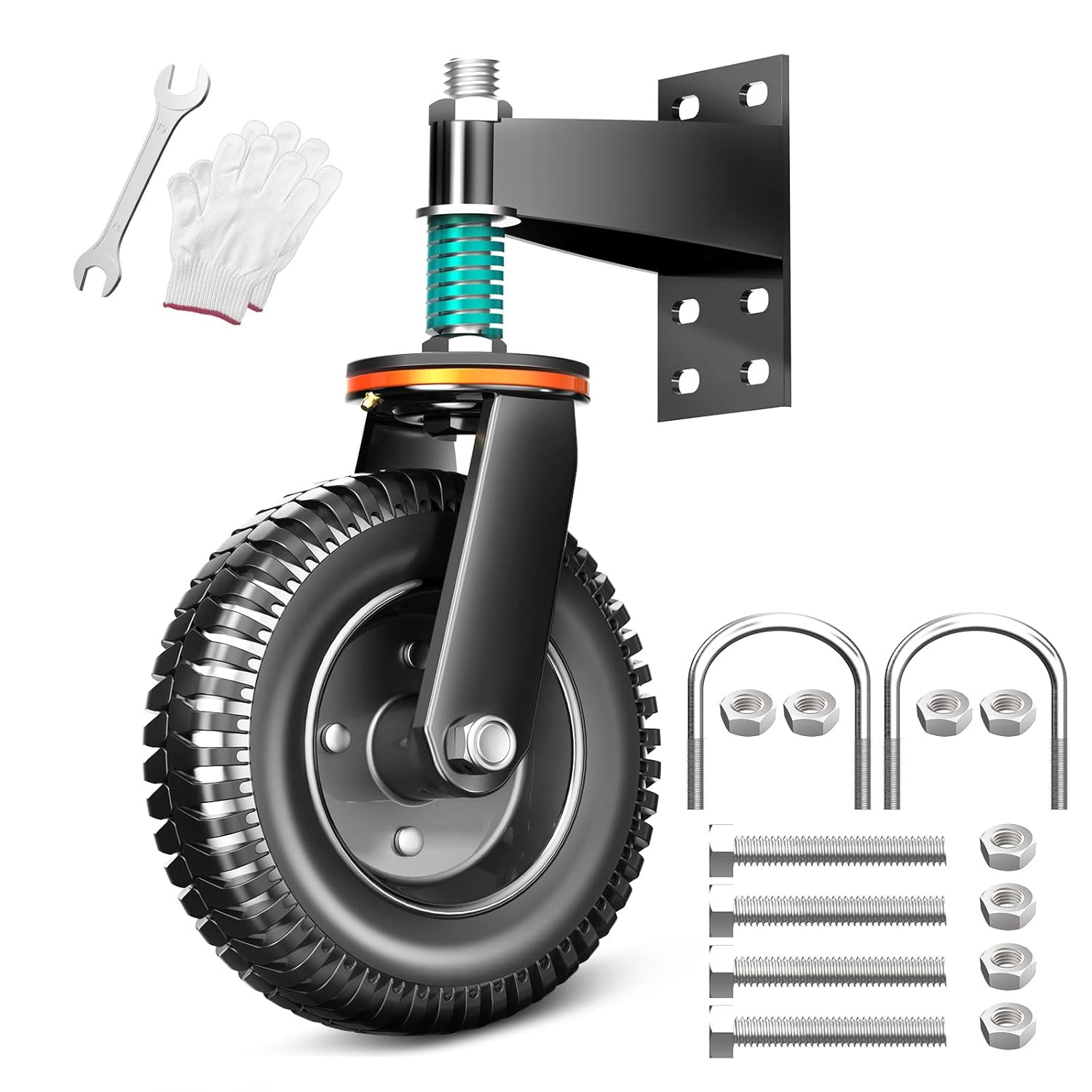 8 Inch Heavy Duty Gate Wheel, 750 lb Capacity, Fits Metal Tube Gates and Wooden Gates, 360° Swivel Spring-Loaded Caster. Gate Wheel for Smooth Operation. Equipped with Installation Tools