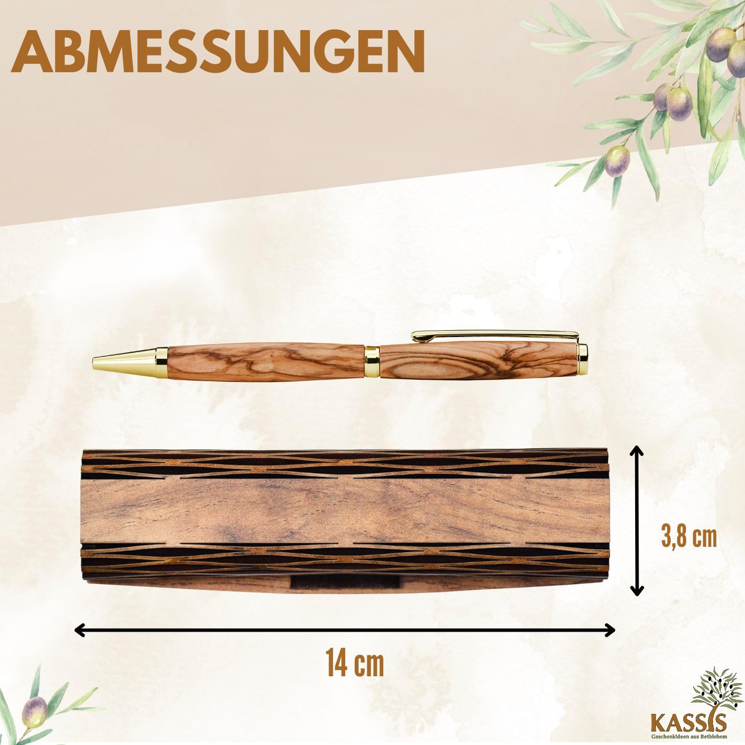 Kassis Geschenkartikel Personalisierbarer Kugelschreiber aus Olivenholz mit Holzschachtel – stilvolles handgefertigtes Schreibset für Büro, Schule, Firma und besondere Anlässe