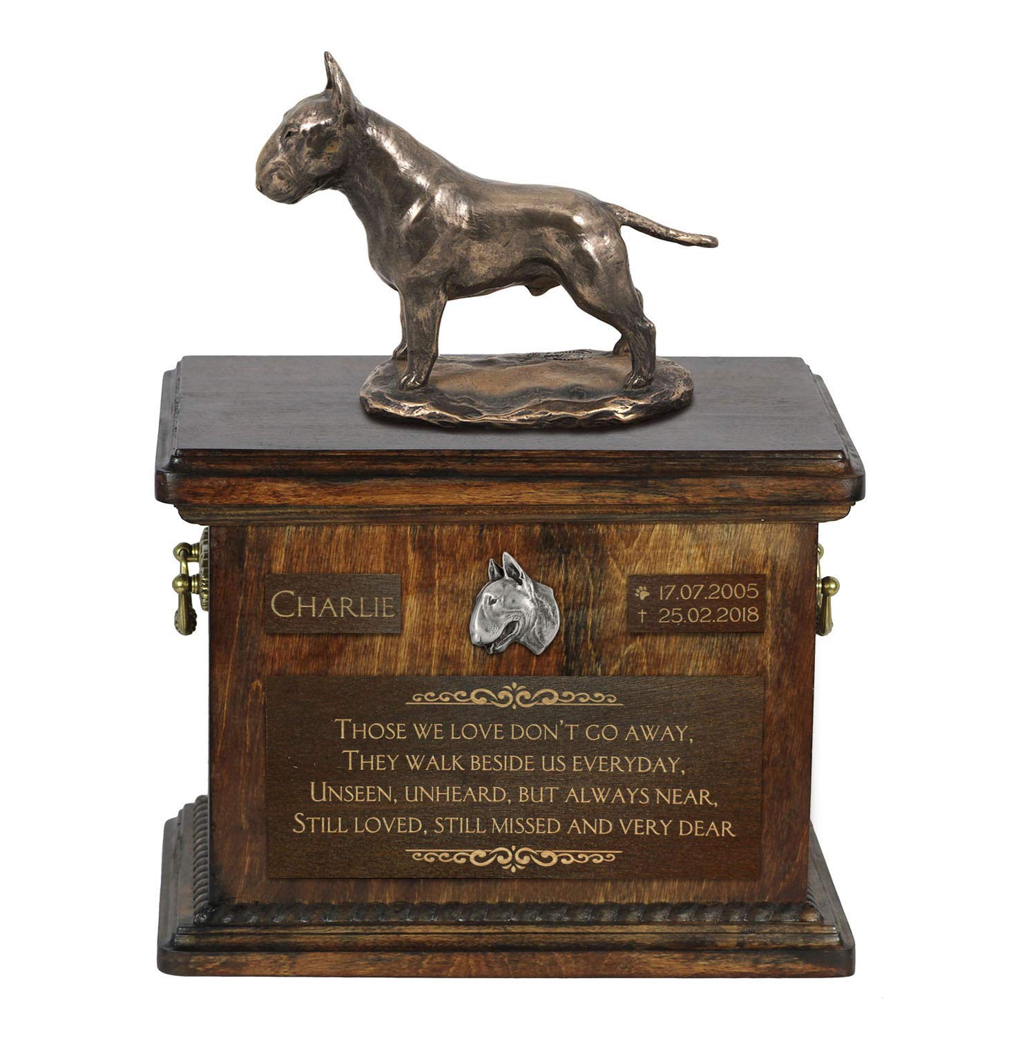 Statue de chien assis Bull Terrier avec urne funéraire en bouleau naturel