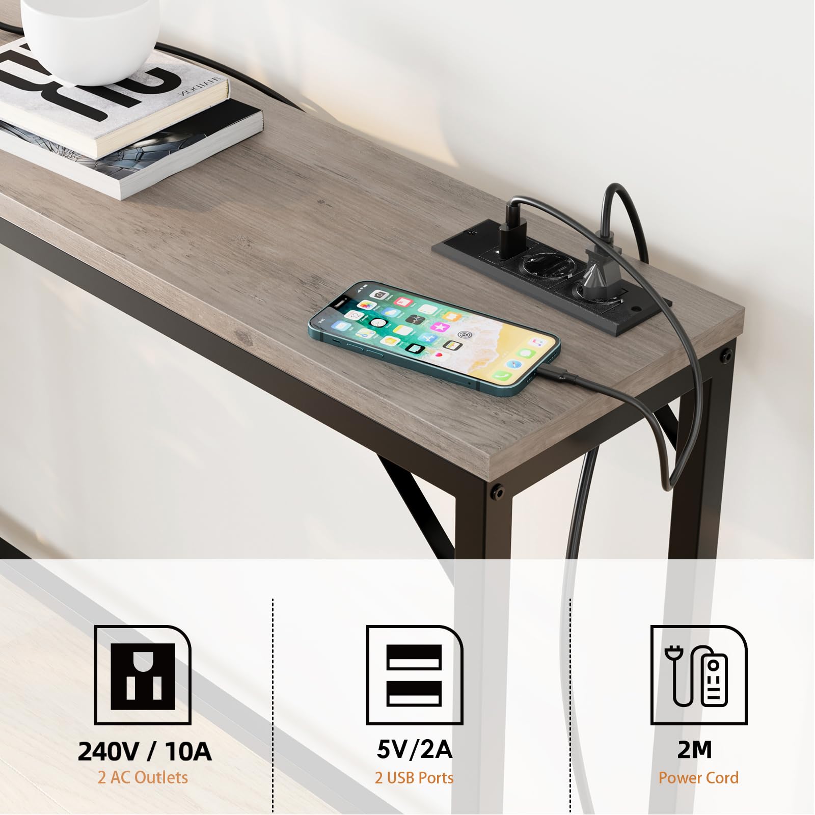 Litake Schmal Konsolentisch mit Steckdose und USB-Anschluss, 100 x 23 x 80 cm Beistelltisch Flurtisch Kleiner Ausstellungstisch Sofatisch Vintagebraun-schwarz ür Flur, Foyer, Wohnzimmer, Vintage Grau