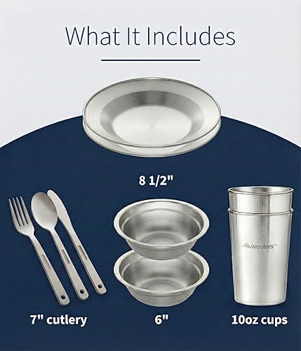 Miniatura 3 de Juego completo de vajilla de acero inoxidable pulido, vajilla, camping, incluye tazas, platos, cuencos, cubiertos, viene en bolsas de malla