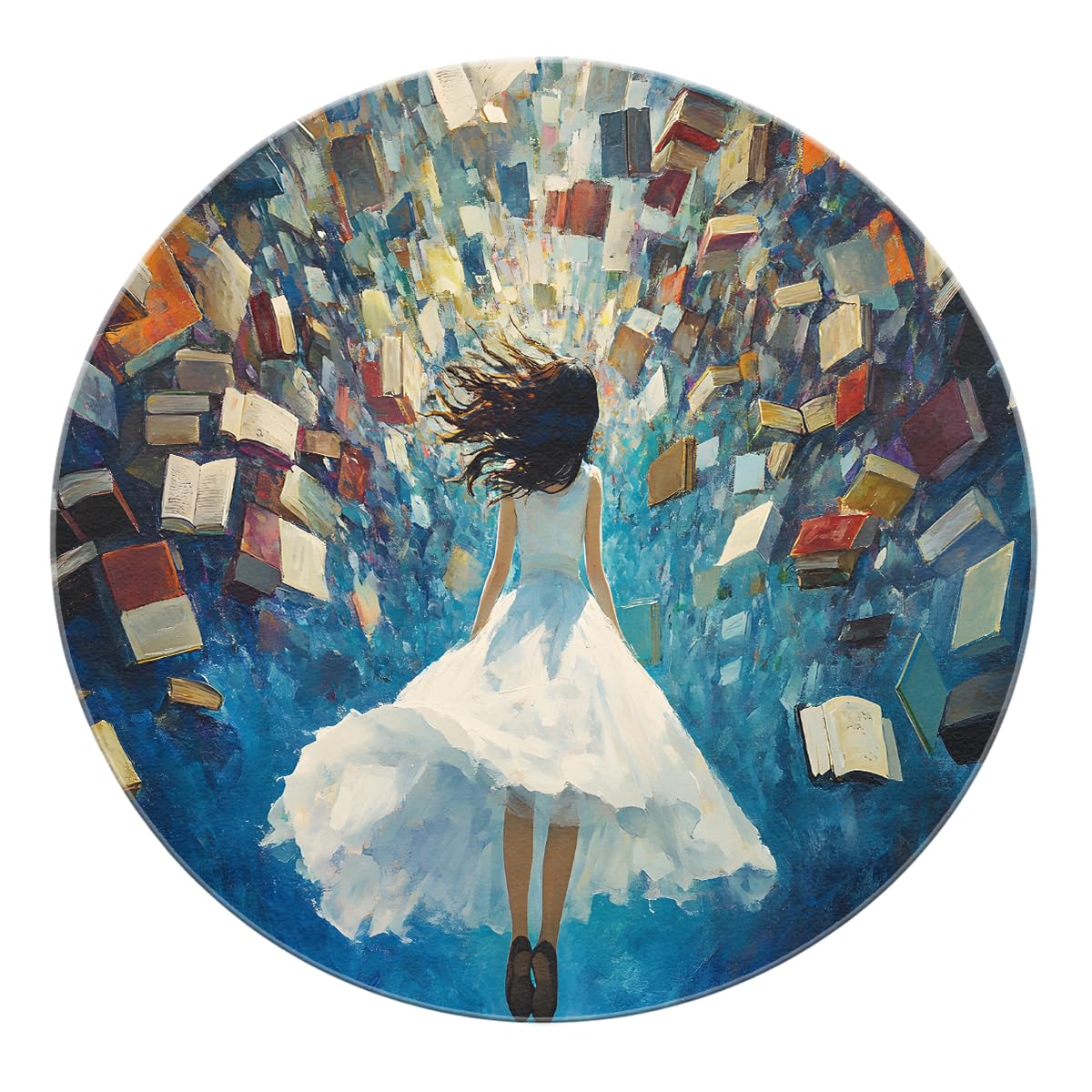 Tapis Rond 100cm Livres Volants Fille Anime Tapis Circulaire Style Peinture Huile bibliothèque Magique antidérapant Fin Faible épaisseur carpette déco Salon Bureau Appartement