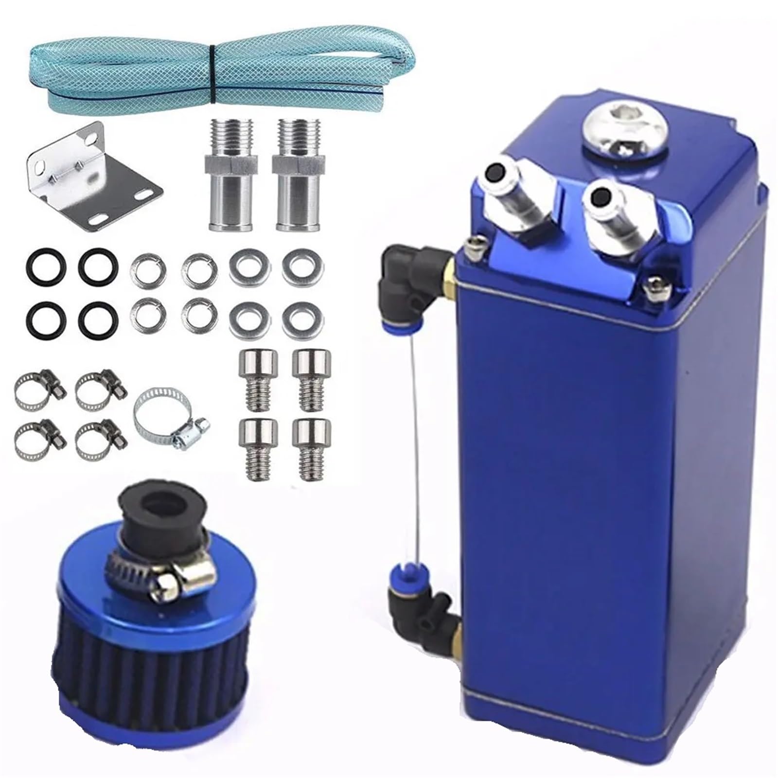 Lata de captura aceite con forma motor coche, depósito tanque aluminio cuadrado 2 puertos filtro aire y accesorios manguera silicona Depósito de refrigeración(A)