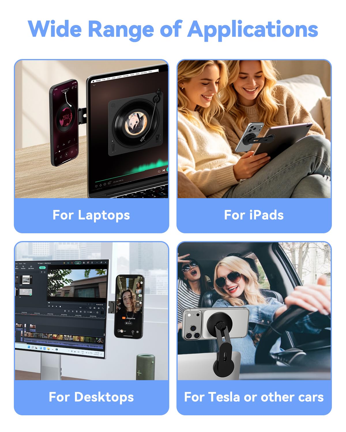 CloudValley Magnetischer Laptop Handy Ständer, 15W Schnellladegerät, 3Dimensionale Verstellbare Kamera Übergabe Zubehör Halterung für iPhone, Faltbarer Halterungsbügel für Tesla PC Monitor, schwarz