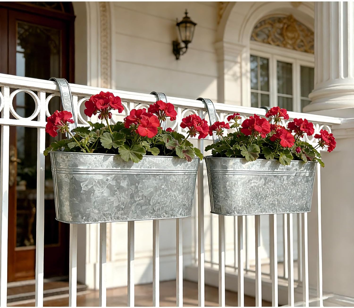 Balcony Galvanized Hanging Planters Railing Flower Pots, Outdoor Metal Fence Planter Pot with Detachable Hooks Drain Hole for Garden Patio Yard Decor (17 Inch, 4Pcs)