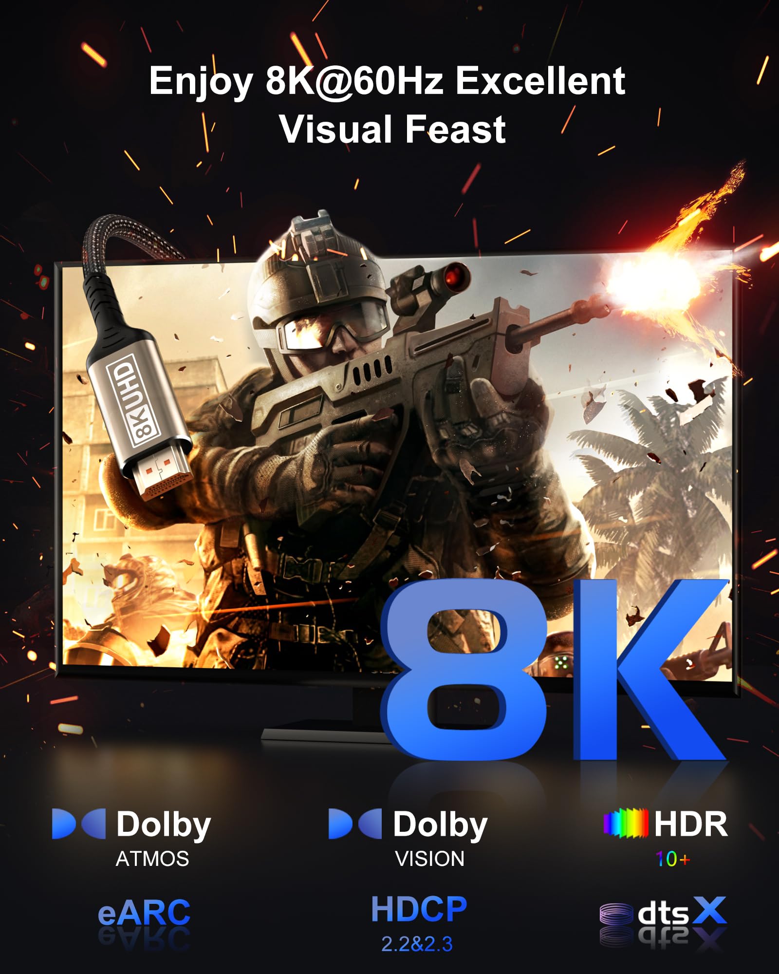 Cable HDMI largo 8K de 20 pies, cable HDMI 2.1 de alta velocidad de 48 Gbps, 8K @60Hz, 4K a 120Hz/144Hz, eARC HDR HDCP 2.2 y 2.3 cable HDMI compatible con TV/portátil/monitor/PS5/X-box
