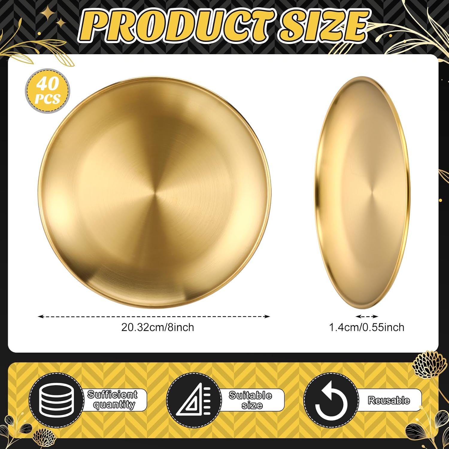Uiifan 40 Pcs 304 Stainless Steel Dinner Plates Gold 8 Inch Platter Serving Flat Metal Dessert Salad Camping Plates Kitchenware Dinner Dishes for BBQ Snack Steak Food Serving Dishwasher Safe