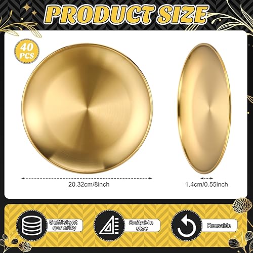 Miniatura 2 de Uiifan 40 platos de cena de acero inoxidable 304 dorados de 8 pulgadas para servir postres de metal plano, ensalada, platos de campamento,