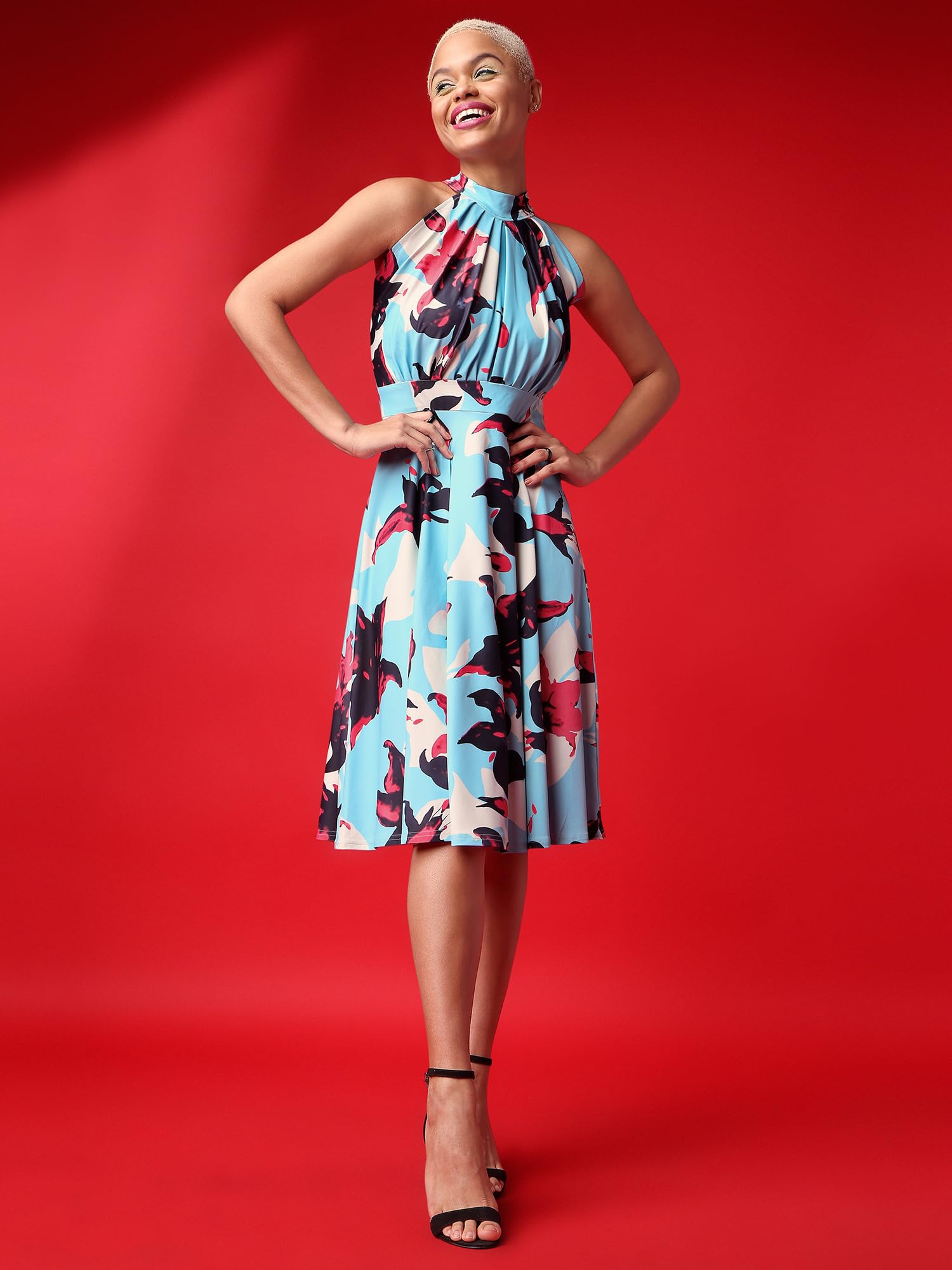 Purvaja Womens Fit & Flare Knee Length Dress (Wini-057-Devil_Sky Blue_Small)