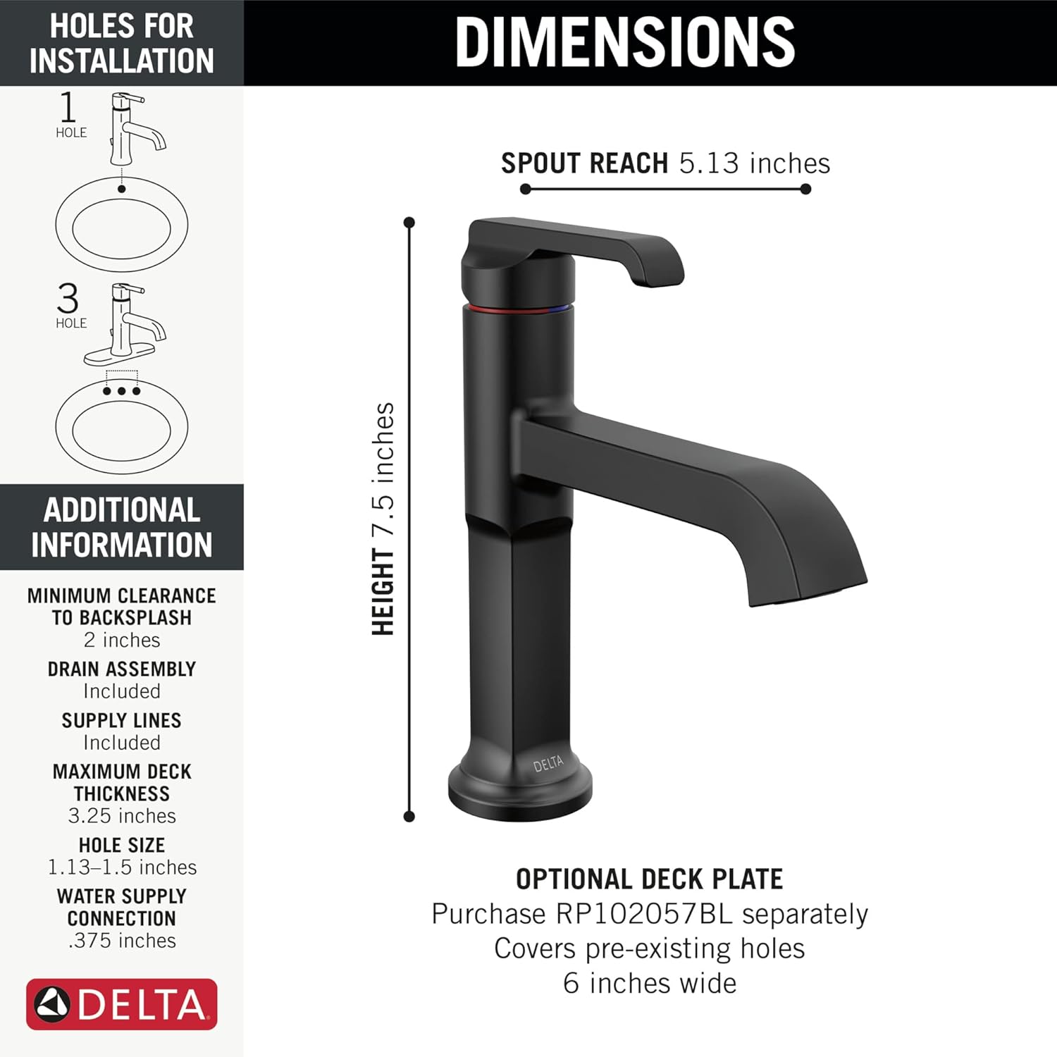 Delta Tetra Matte Black Bathroom Faucet 1 Hole, Single Hole Bathroom Sink Faucet for Vanity, Metal Push-Pop Drain Assembly, Matte Black 589-BL-DST