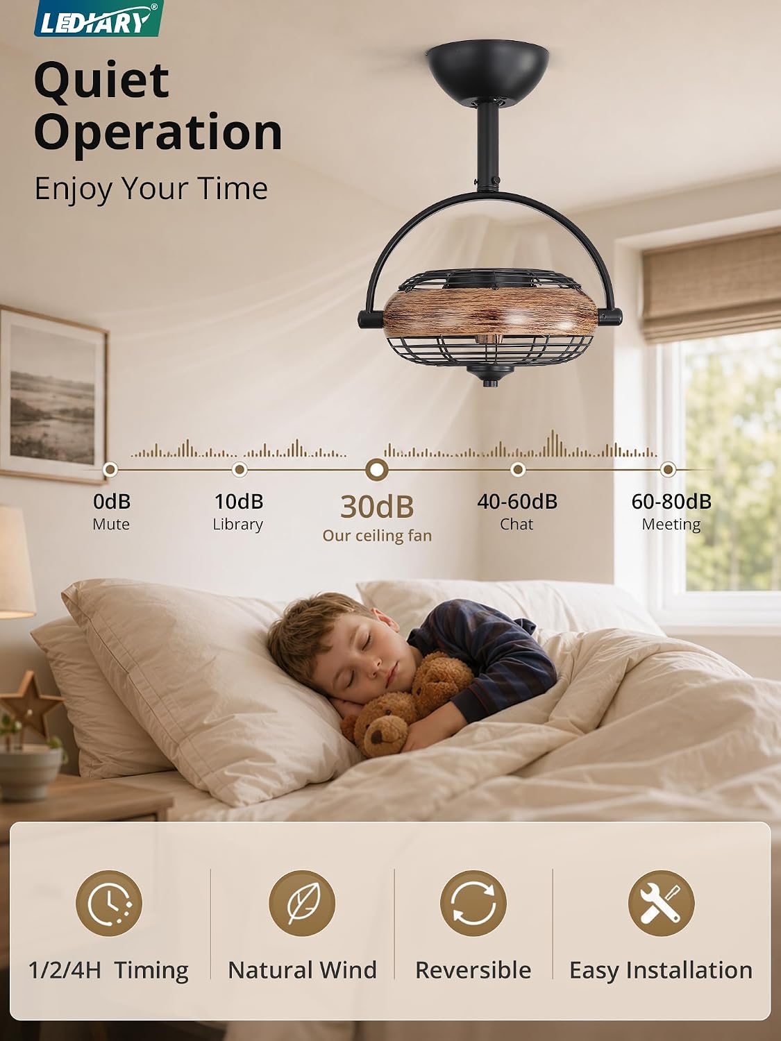 LEDIARY 10" Small Wall Mount Fan with Remote Plug in Cord, Wood Grain