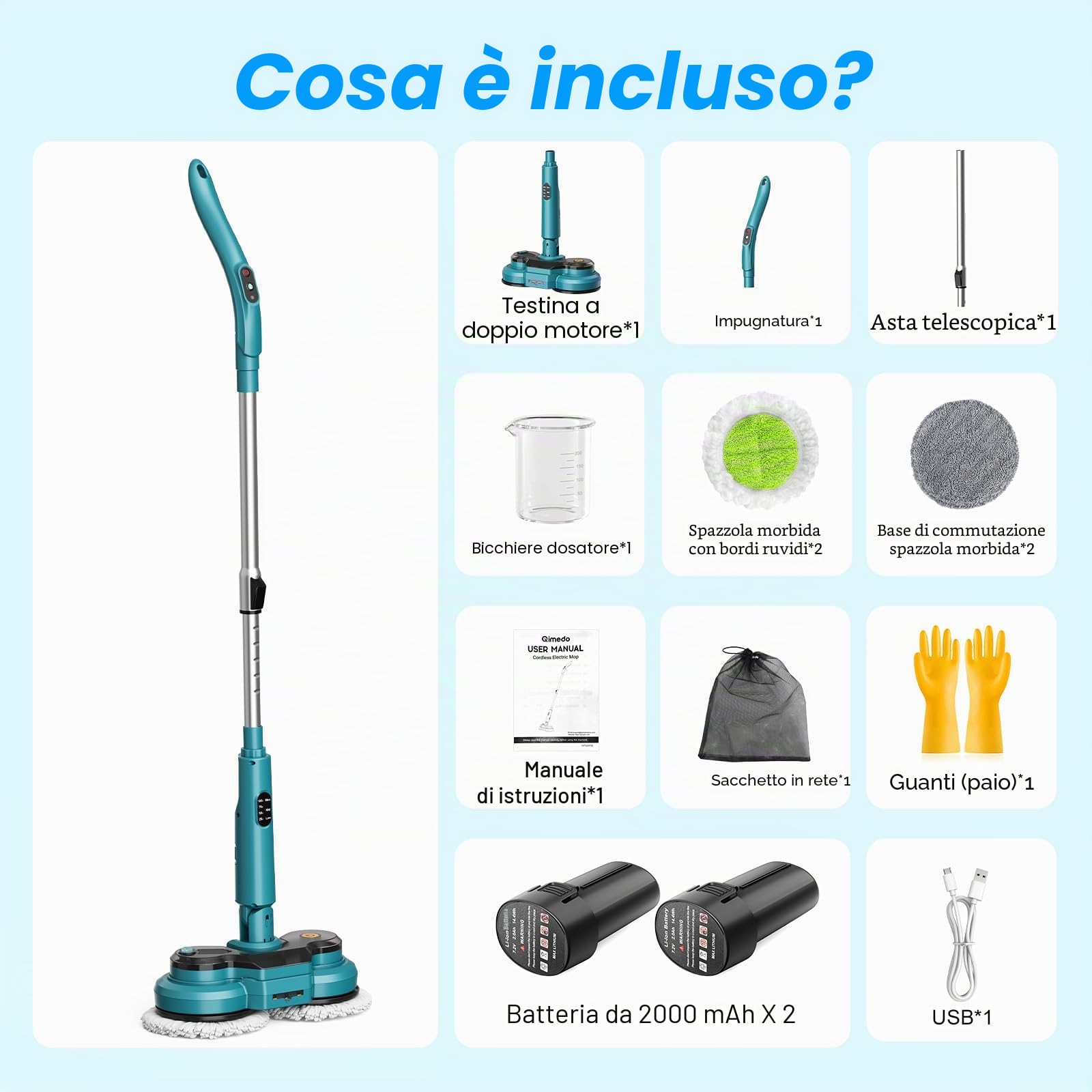 Mocio Elettrico Senza Fili con 2 batterie da 2000 mAh,Lavapavimenti Elettrico con Funzione Spray/lluminazione a LED/Display Intelligente,Lucidatrice Pavimenti con Serbatoio Dell'acqua da 300 ml