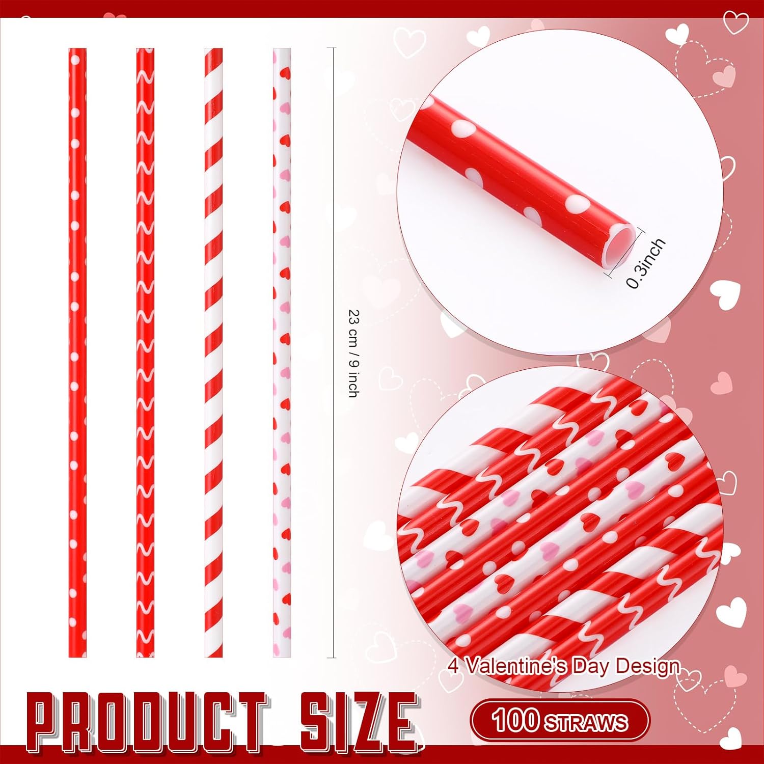 Uiifan 100 Pcs Red and White Striped Straws Valentine Heart Plastic Drinking Straw 9 Inch 4 Styles Reusable Hard Straws for Mother's Day Summer Bridal Shower Party Favors Holiday Wedding Supplies