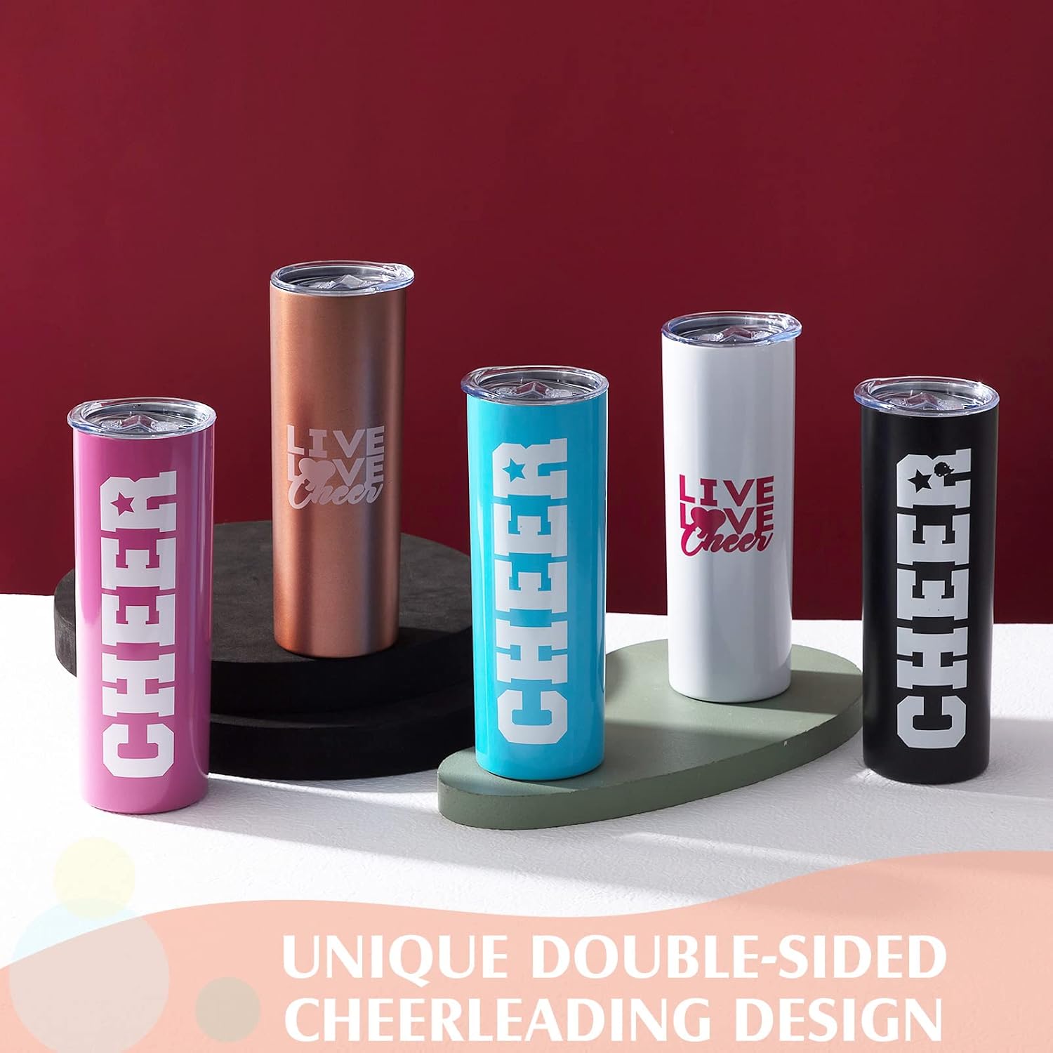 Tessco for you 5 Pieces Cheerleader Skinny Tumbler Gifts Stainless Steel Cheer Water Bottle Cup with Lid Straw and Brush Cheerleader Gifts 20 oz Insulated Water Glasses Cheer Team Favors, 5 Colors