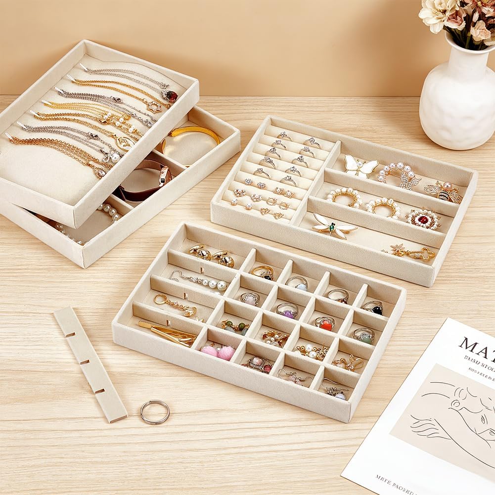 UNICRAFTALE 4 Pack Velvet Jewelry Tray Stackable Jewelry Organizer Beige Rectangle Necklace Bracelet Earring Ring Display Tray for Drawer Counter Photo Shoot 9.3x6x1 Inch