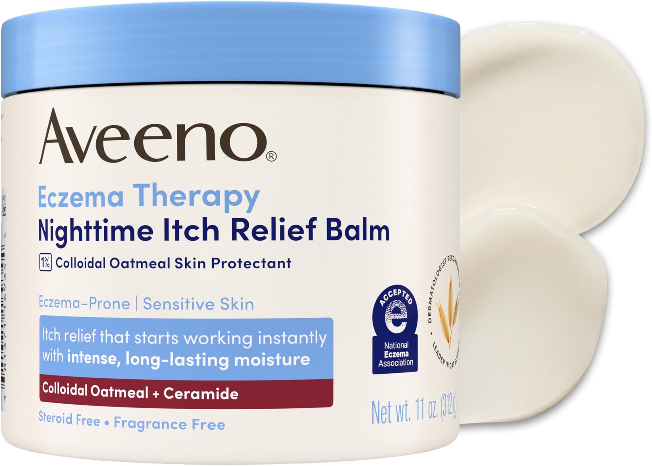 Aveeno Eczema Therapy Nighttime Itch Relief Body Balm, Colloidal Oatmeal Eczema Cream for Itchy Skin Relief, Moisturizing Balm for Sensitive, Eczema-Prone Skin, Steroid- & Fragrance-Free, 11 Oz