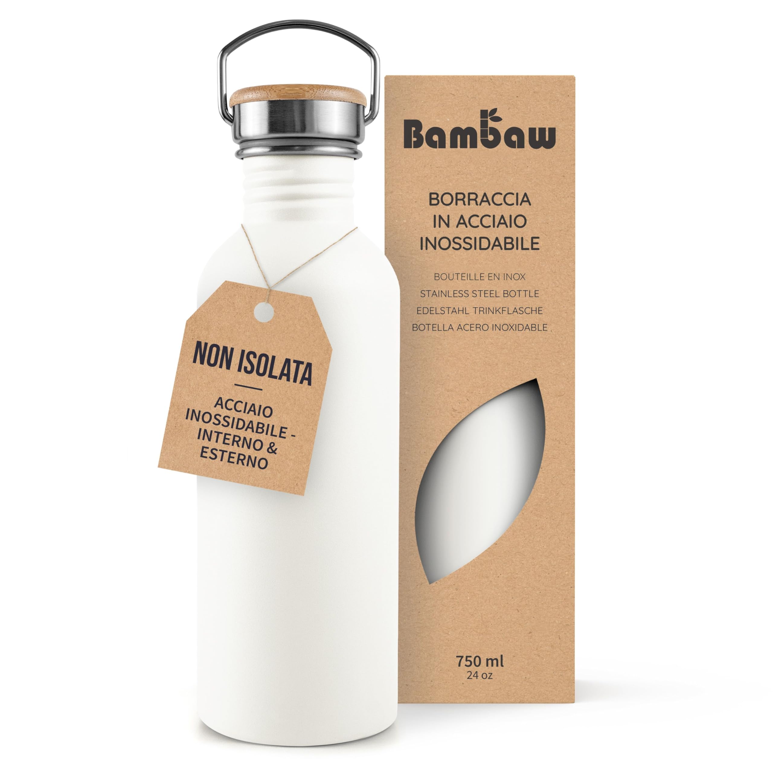 Bambaw Borraccia Sportiva In Acciaio Inox, 750 Ml, Bianca, Non Isolata, Senza Bpa, Riutilizzabile-image