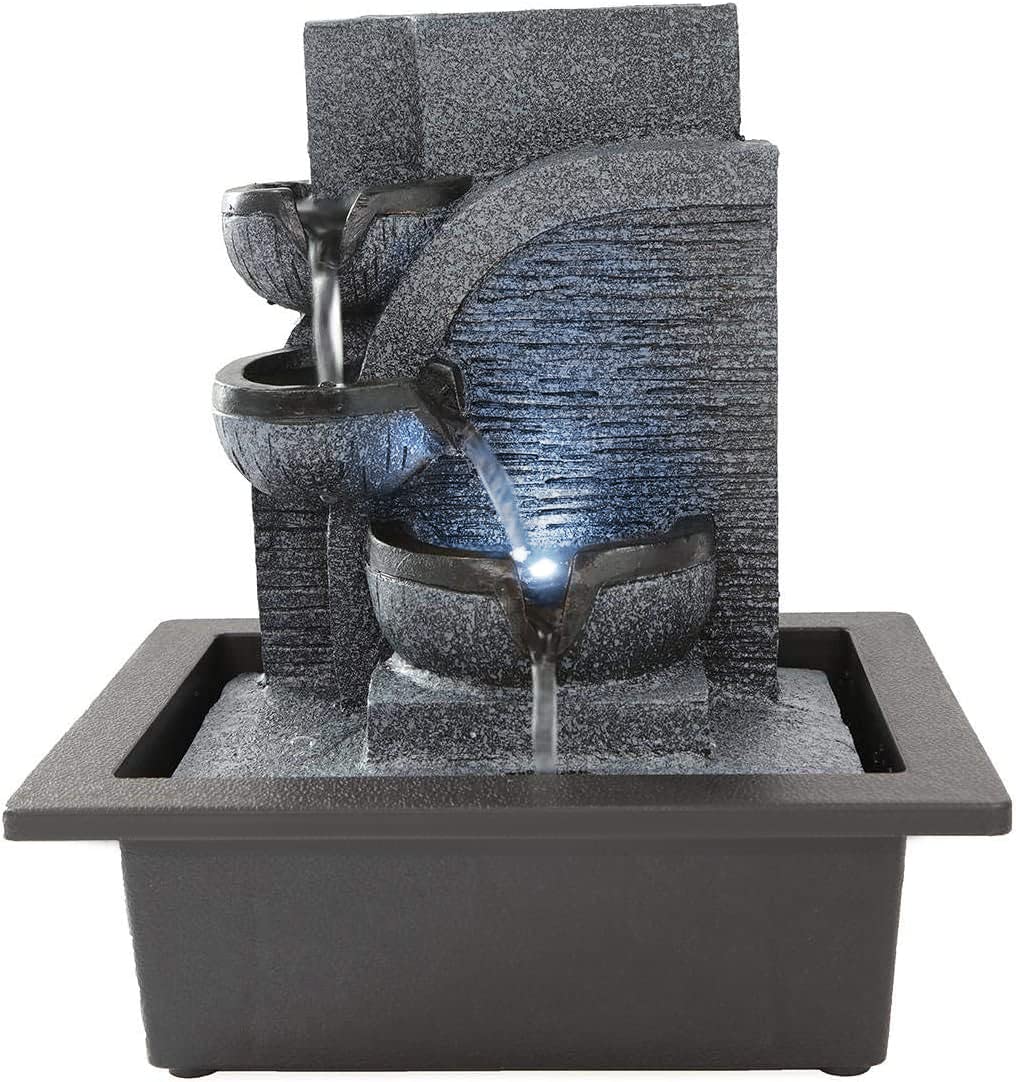Dyna-Living Fontana per interni a LED, luce bianca, soggiorno, scrivania, fontana decorativa con illuminazione, resina, 23 x 17,5 x 27 cm