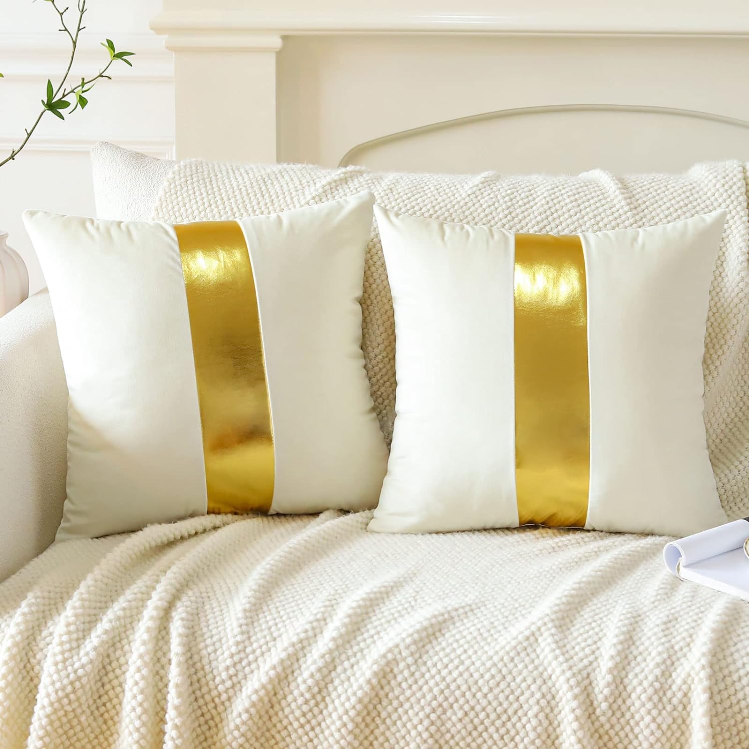 Atariya Decor Faux Leather with Velvet Decorative Throw Cushion Covers for Couch Bed Sofa (16" x 16" - Set of 2, White Velvet Gold) (B0CWRK5J9T) Amazon Price History, Amazon Price Tracker