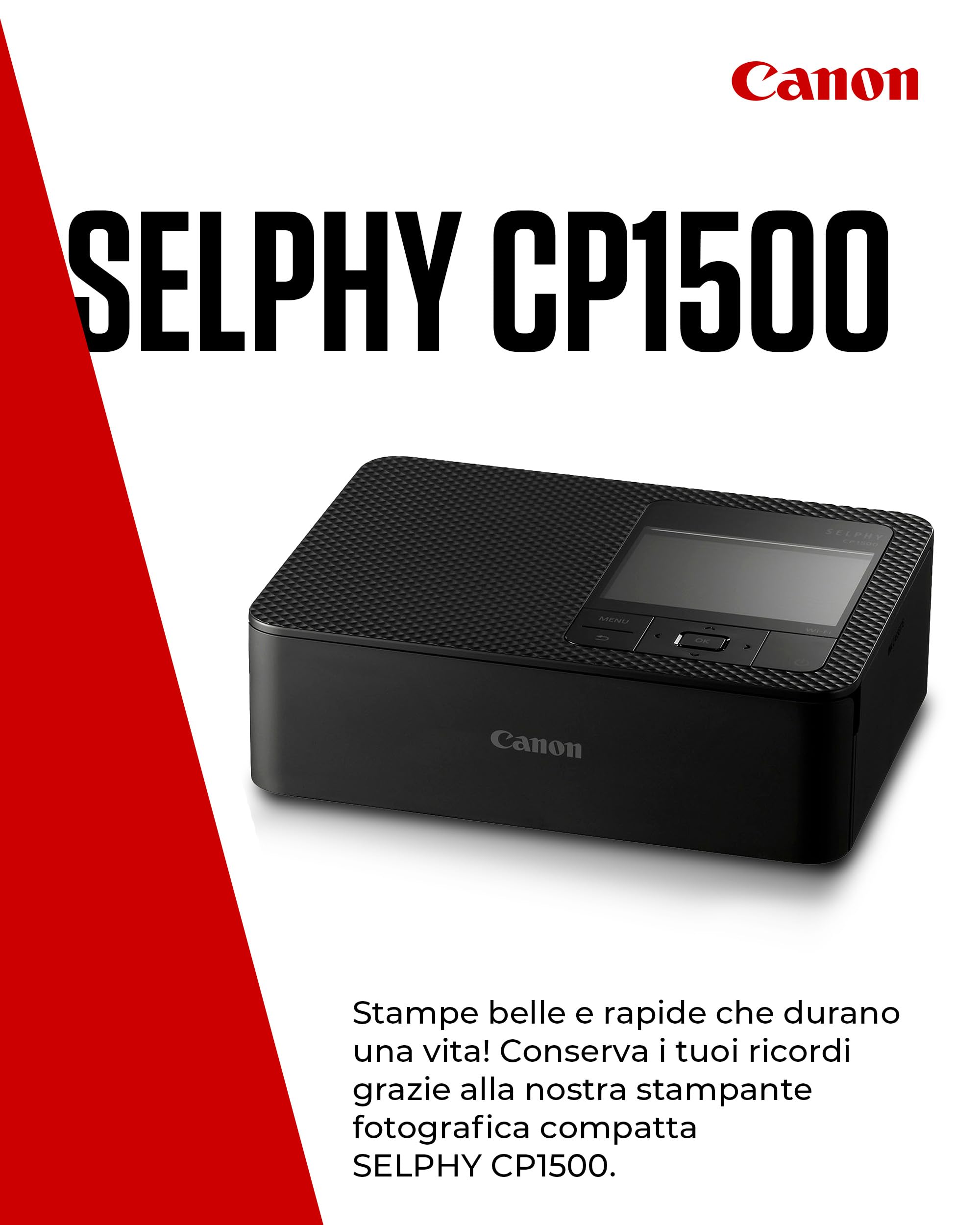 Canon Stampante fotografica portatile SELPHY CP1500 con kit carta, nero - Stampante Bluetooth wireless con accessori - Compatta e leggera - Con 54 fogli di carta 4x6