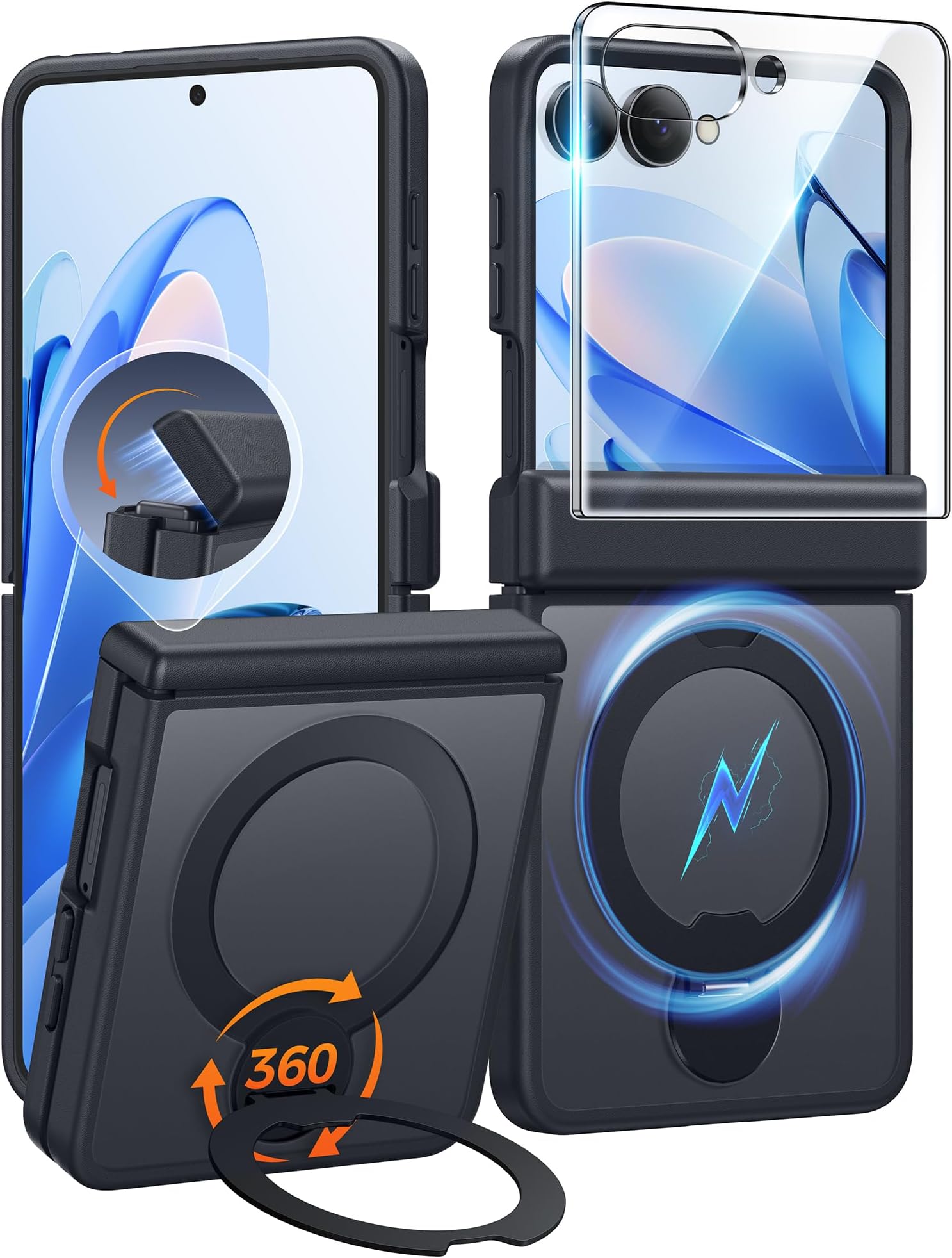 FNTCASE for Samsung Galaxy Z Flip 8 Case with 360 Spin Magnetic Stand Black | Compatible for Magsafe,Full Hinge Protection,Screen Protector,Translucent Matte Grade Shockproof Protective Cover