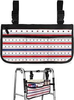 4th of July Star Wheelchair Side Bag Walker Bag, Blue Red Independence Day Stripes Wheelchair Accessories Armrest Pouch, Organizer Storage Bag for Walkers, Rollators, Scooters, 7.3'x13'