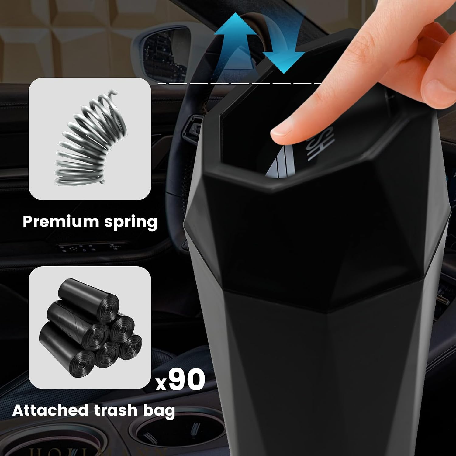 Car Trash Can with Lid, Mini Essential Interior Accessories, Leakproof Garbage Can with 90 Attached Bags and 2 Hooks, Multipurpose Organizers and Storage