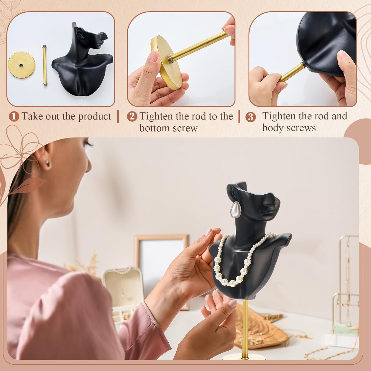 2 Pieces Jewelry Necklace Mannequin Display Stand Black Necklace Display Stand Earring with Gold Metal Base Jewelry Bust for Earrings Show Retail Boutique Vendors