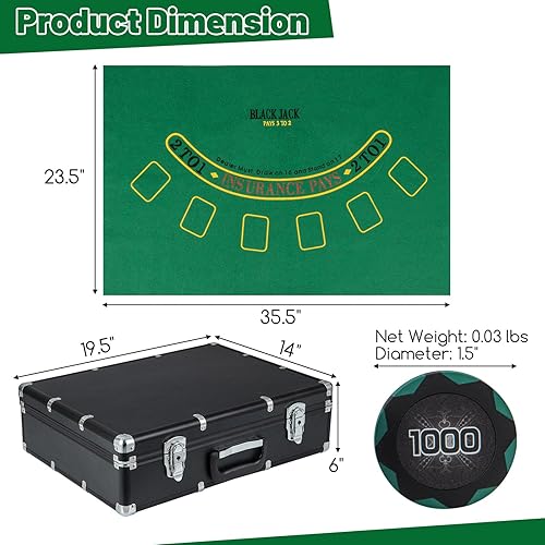 Miniatura 8 de GYMAX Juego de fichas de póquer, 600 fichas de casino Texas Hold 'em con estuche de transporte, 6 mazos de cartas, 5 dados y 3 botones de