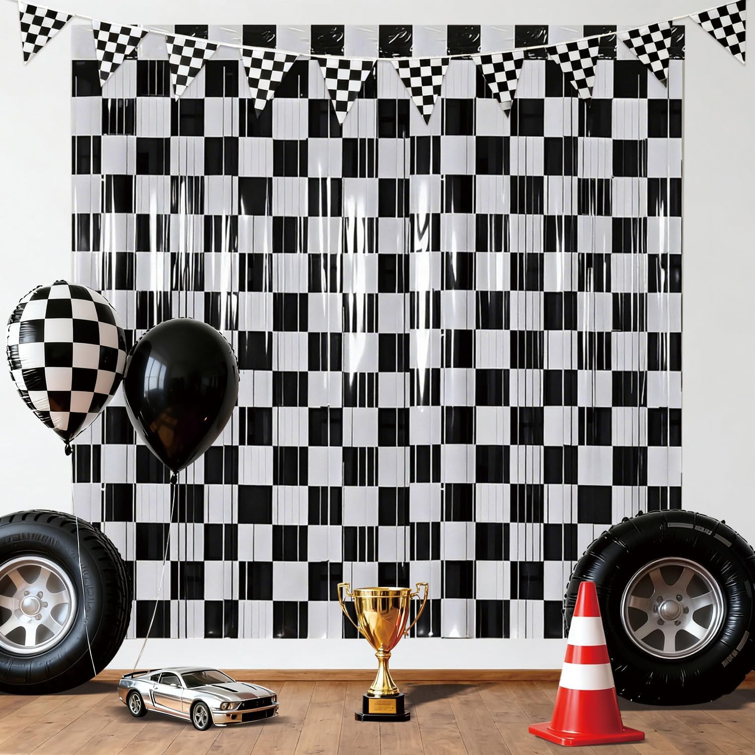APUXXJUPA 2 Pcs Race Car Curtains, Checkered Black White Foil Streamers Fringe Curtains Backdrops for Boy's Race Car Birthday Party Decorations, 3.3 x 6.6 ft — image 1