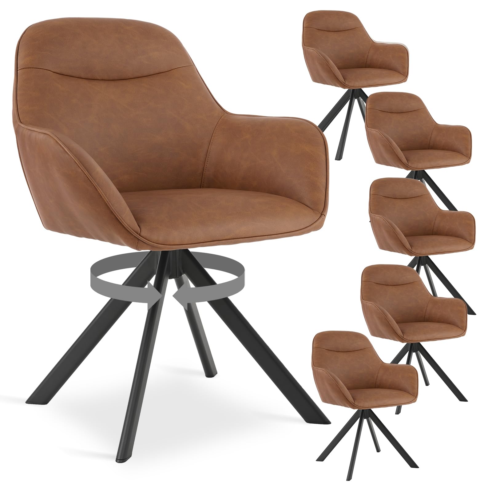 Lot de 6 Chaise Salle à Manger Pivotante à 360°, Chaises de Cuisine avec Accoudoirs, Fauteuil Rembourrées en Simili Cuir avec Pieds en Métal, Marron