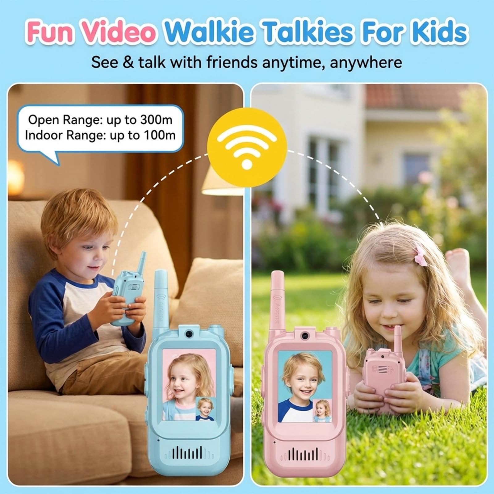 Video Walkie Talkie Niños con Cámara, Set de 2, 4 Efectos de Voz, Alcance 300m, Recargable USB-C, Pantalla LCD, Regalo Cumpleaños para Niña Niño 6-10 Años, Camping Excursión