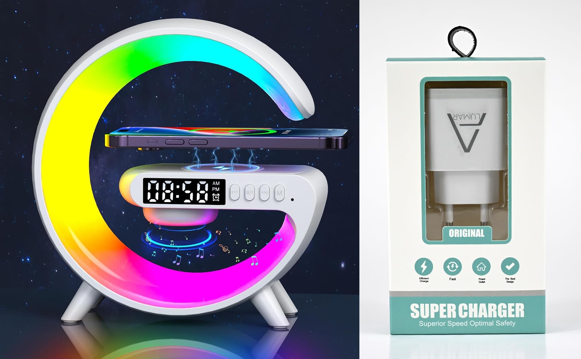 Lámpara de Mesa LED RGB Inteligente Forma de G , Altavoz Bluetooth , Reloj Despertador, Cargador Inalámbrico 10W, Lámpara de Luz Nocturna Regulable, Adultos & Niños Dormir, lamparas inalambricas.