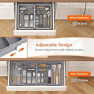 Lifewit Large Silverware Drawer Organizer, Expandable From 21 to 36 Inches, BPA Free Plastic Utensil Tray for Kitchen, Adjustable Flatware and Cutlery Holder for Spoons Forks Knives, Gray