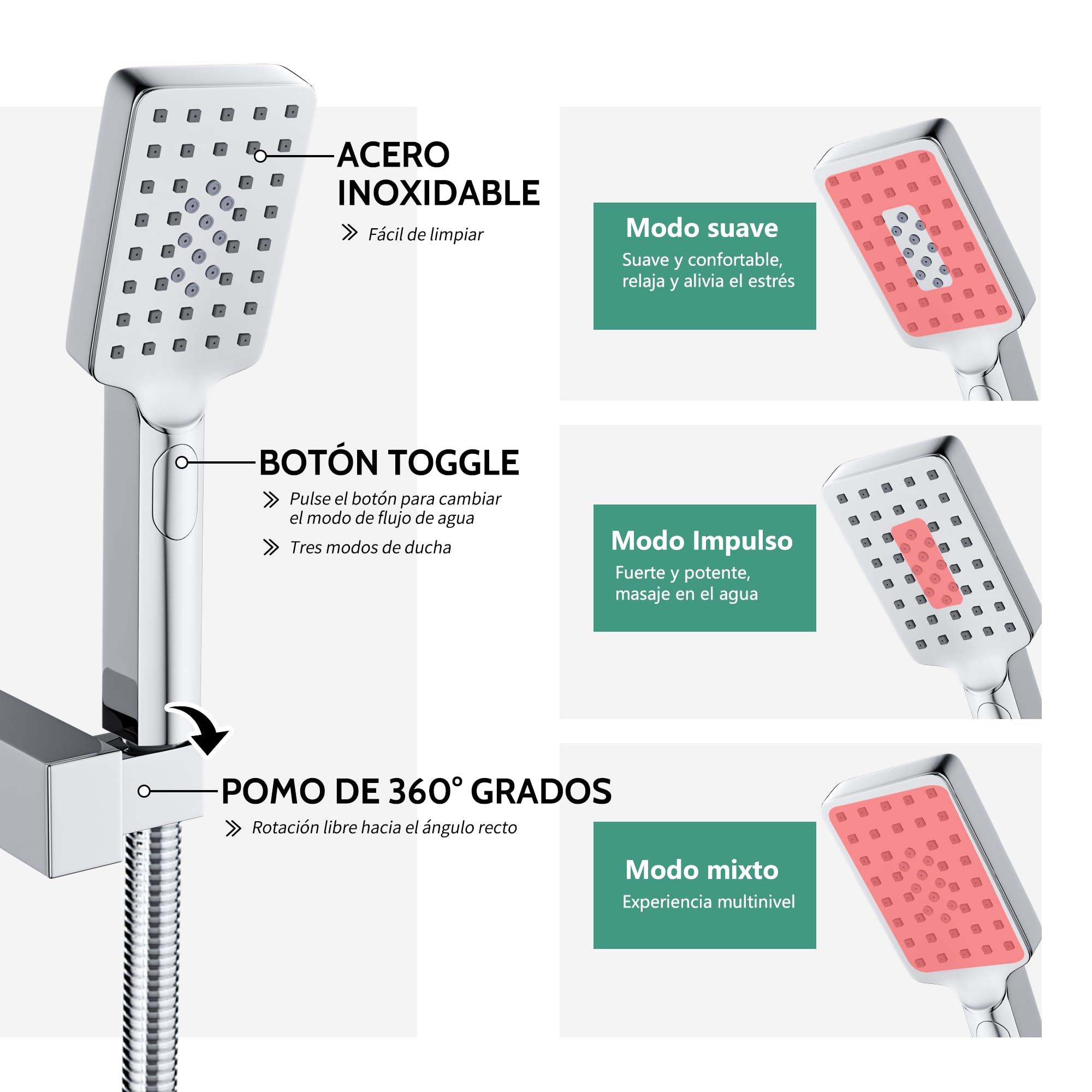 MORADO Mezclador de ducha monomando, grifo de ducha monomando montado en la pared con manguera de ducha de 150 cm y ducha de mano de 3 funciones, latón macizo, acabado cromado, forma cuadrada, montado