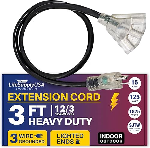 LifeSupplyUSA - Cable de extensión de alimentación de 3 pies para exteriores e interiores, impermeable, 3 salidas, SJTW, calibre 12, 15 amperios,