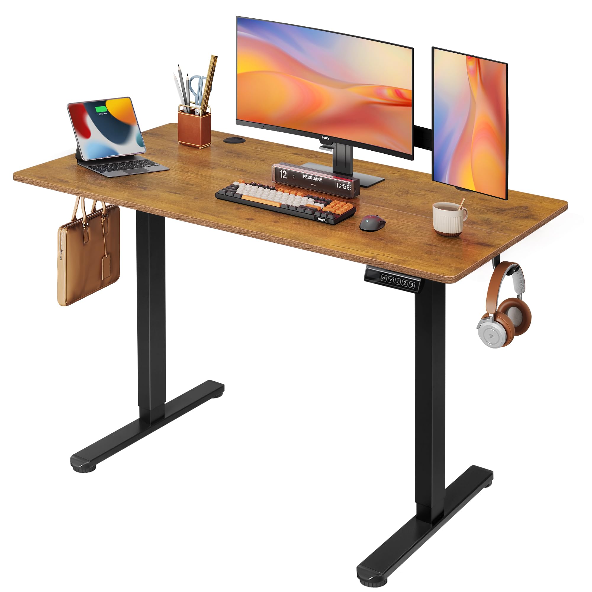 DEVAISE Electric Standing Desk Height Adjustable 120×60 cm, Sit Stand Desk with Memory Smart Pannel, Splice Board, Quiet Operation, Sturdy Metal Frame for Home Office, Brown