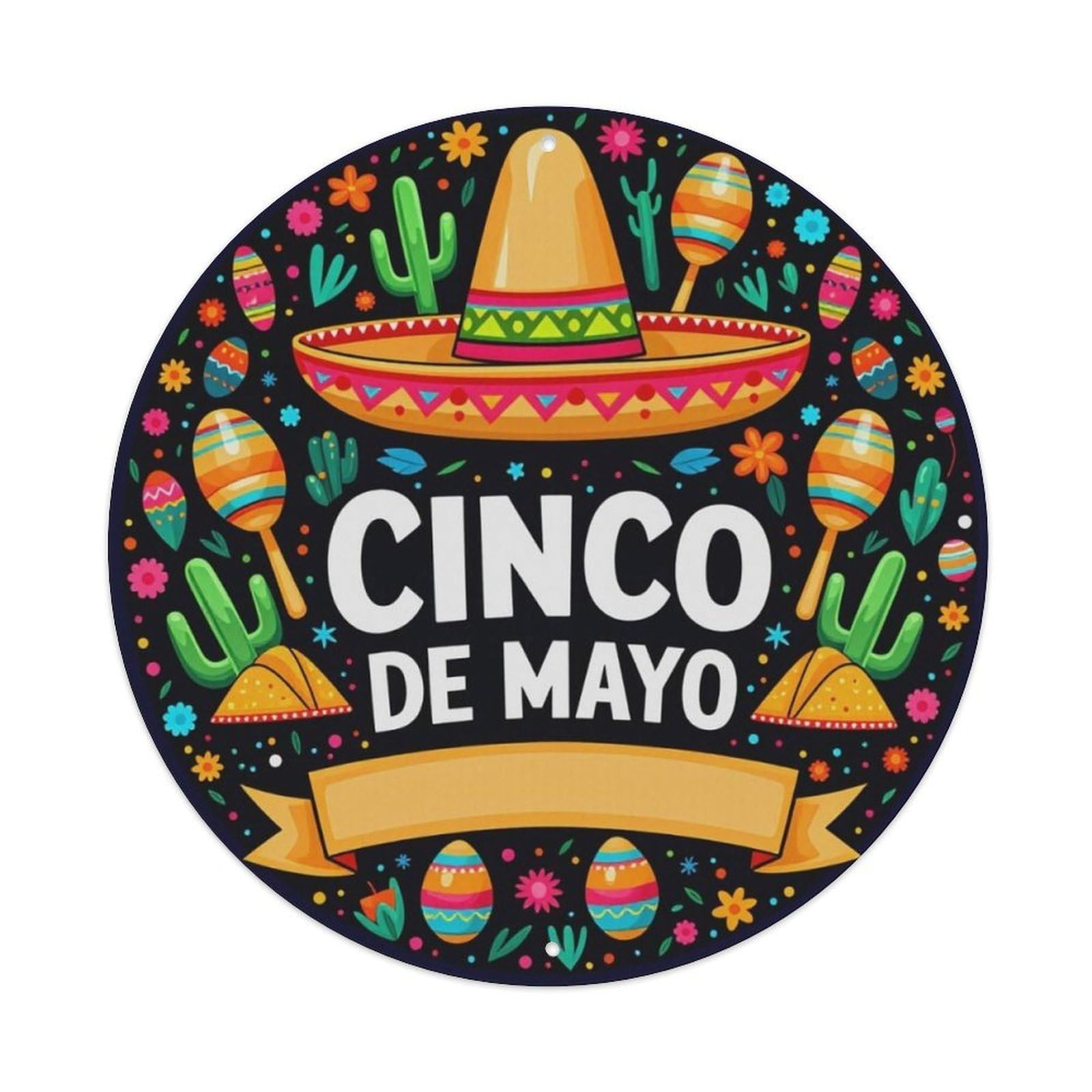 Mexican Cinco De Mayo Folk Round Decor Sign Vintage Aluminium Metal Sign, Retro Wall Decor for Home, Bar, Garage & Farmhouse 20x20cm