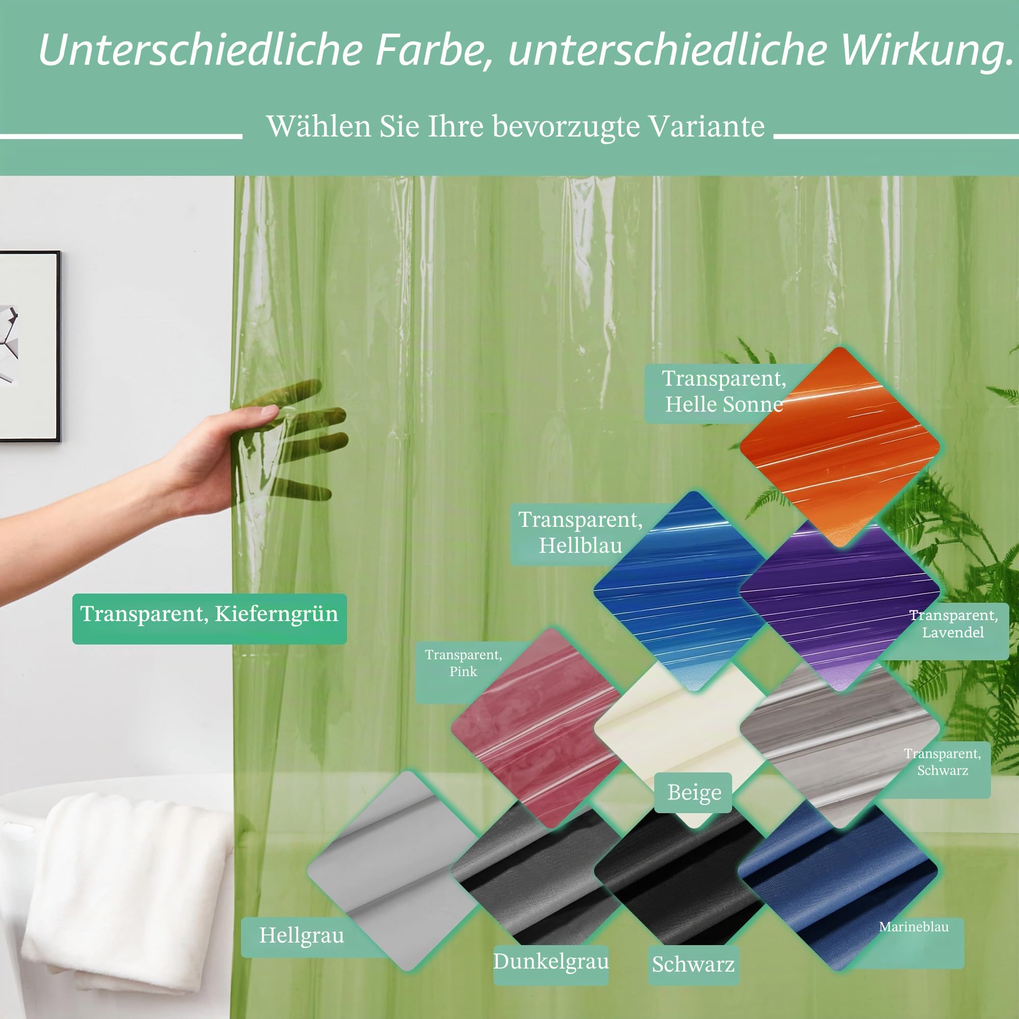 Mrs Awesome Transparenter grüner Duschvorhang mit 3 Magneten, 182,9 x 182,9 cm, hochwertiger, Flexibler Stabiler Kunststoff-Duschvorhang für Badezimmer, wasserdicht, Grün transparent