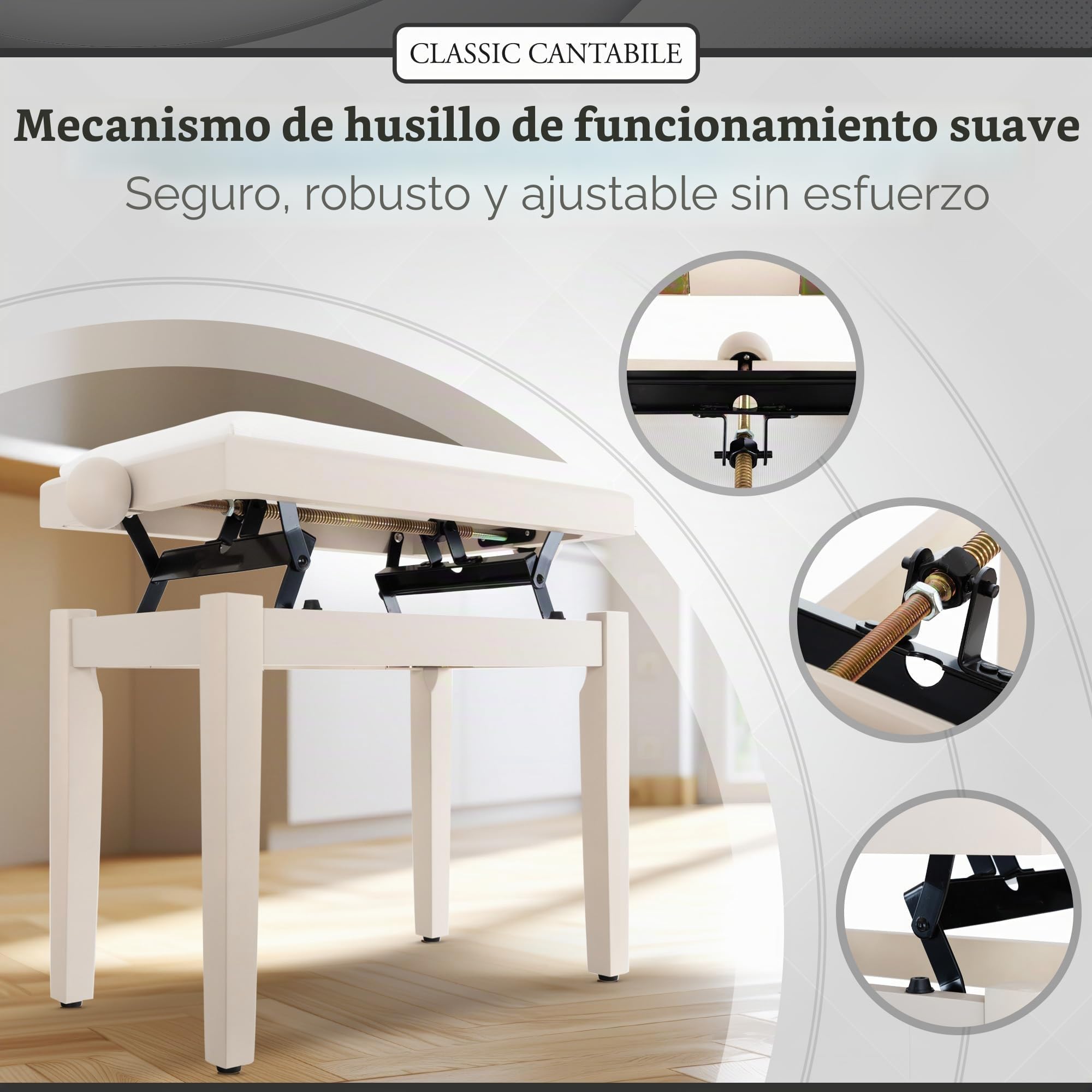 Classic Cantabile Banco para Piano Madera de Fresno Blanca Mate