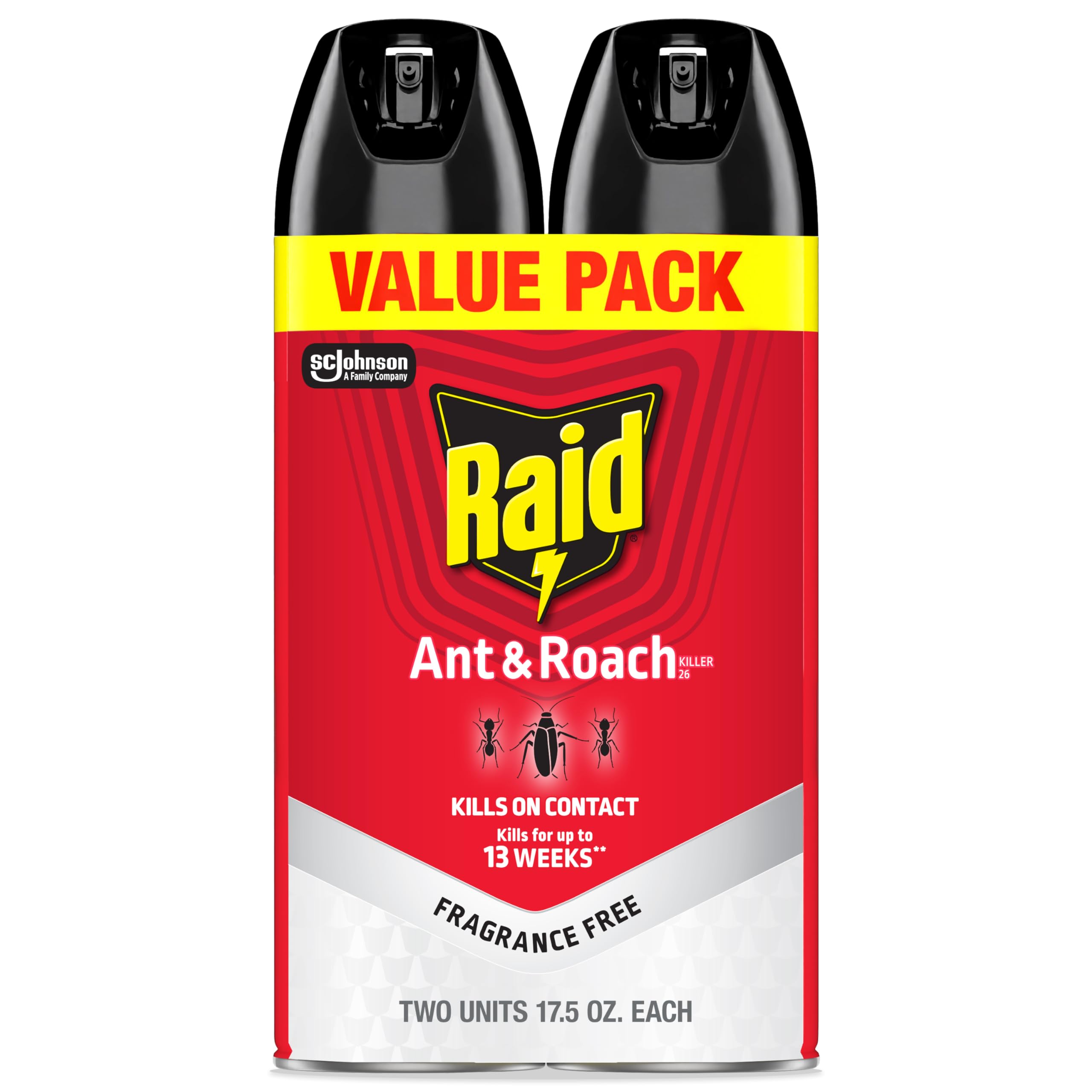 Raid Ant & Roach Killer, Fragrance Free Bug Killer for Home Use, Kills Bugs on Contact, 17.5 Oz, 2 Count, 17.5 Ounce (Pack of 2)