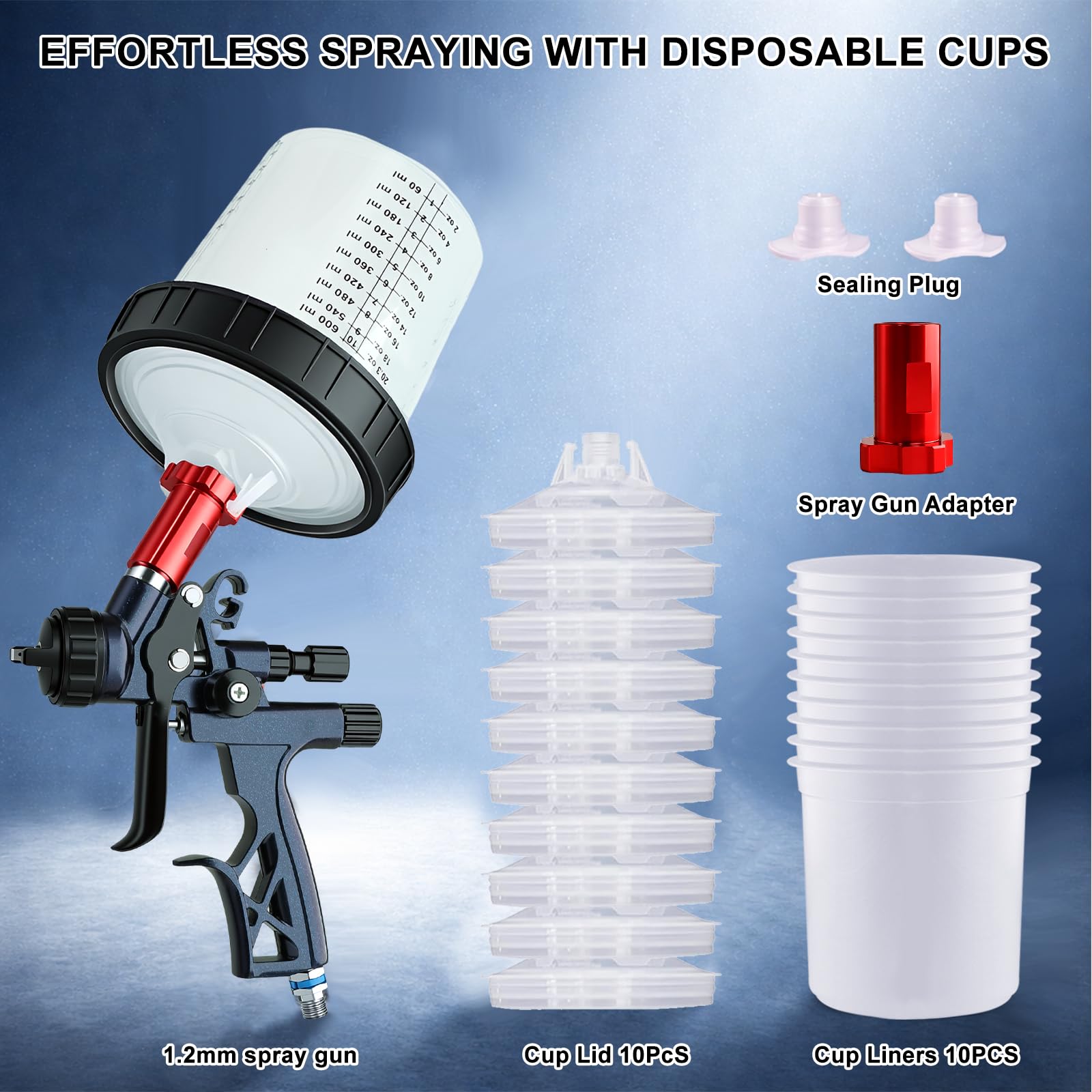 HVLP Luftspritzpistole, Farbpistole mit 1,3 mm Düse, 600 cc Kunststoffbecher, Luftsprühpistole mit Adapter und 600 ml Einweg-Farbmischbecher für Ausbesserung, Grundierung, Decklack