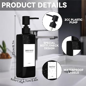Set of 4 Plastic Shampoo Bottles for Filling, 500 ml Soap Dispenser Bottles Shampoo Dispenser Black Pump Dispenser with Funnel and Waterproof Labels for Kitchen Bathroom