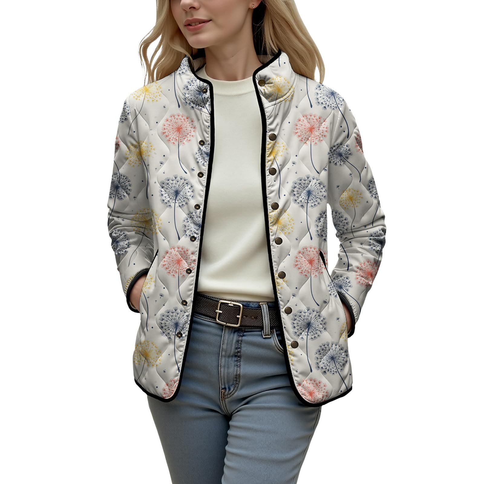 Womens Puffer Jacket Floral Print Lightweight Quilted Jacket Stand Collar Fall Winter Coat Outerwear with Pockets