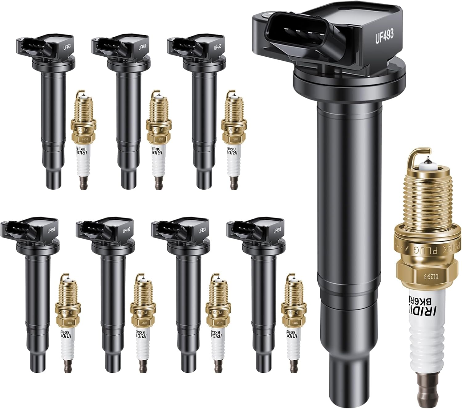 UF493 Ignition Coil Pack Spark Plugs Fits for Toyota Tundra 2000-2009, Sequoia 2001-2009, 4Runner 2003-2009, Land Cruiser 1998-2007, Fits for Lexus GX470 03-09, LS430 GS430 SC430 V8, Set of 8